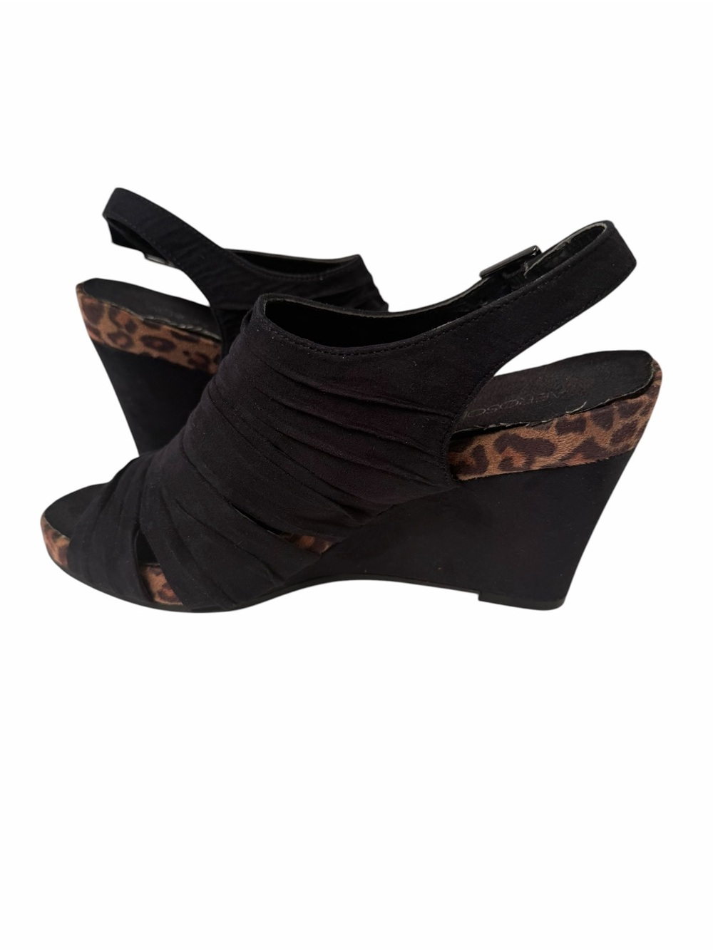 Aerosoles Black Ruched Fabric Wedge Sandals w/ Leopard Trim – Size 9 - Picture 5 of 13
